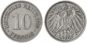 10 Pfennig großer Adler, Kupfer/Nickel 1890-1916
1915 G. gutes sehr schön, kl. Randfehler, selten. Jaeger 13.