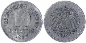 10 Pfennig, Zink 1917
1917, mit Perlkreis.
gutes sehr schön, kl. Randfehler. Jaeger 298Z.