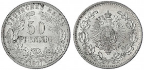 50 Pfennig kl. Adler Eichenzweige Silber 1877-1878
1877 F. vorzüglich/Stempelglanz. Jaeger 8.