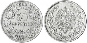 50 Pfennig kl. Adler Eichenzweige Silber 1877-1878
1878 E. vorzüglich, selten. Jaeger 8.