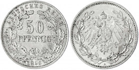 50 Pfennig gr. Adler Eichenzweige Silb. 1896-1903
1896 A. gutes vorzüglich. Jaeger 15.