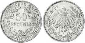 50 Pfennig gr. Adler Eichenzweige Silb. 1896-1903
1900 J. fast Stempelglanz, min. Randfehler, selten in dieser Erhaltung. Jaeger 15.