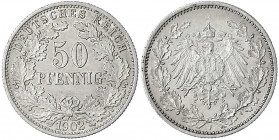 50 Pfennig gr. Adler Eichenzweige Silb. 1896-1903
1902 F. vorzüglich, selten. Jaeger 15.