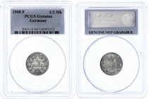 1/2 Mark gr. Adler Eichenzweige, Silber 1905-1919
1908 F. Im PCGS-Blister mit Echtheits-Expertise GENUINE.
gutes vorzüglich, min. berieben, sehr sel...