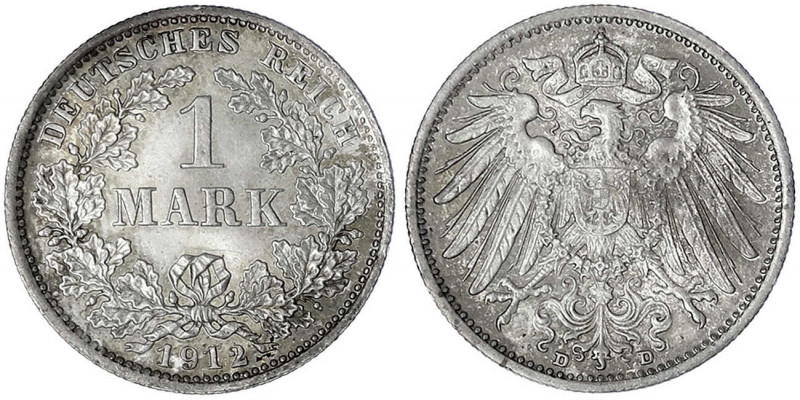 1 Mark großer Adler, Silber 1891-1916
1912 D. Stempelglanz, Prachtexemplar. Jae...