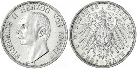 Anhalt
Friedrich II., 1904-1918
3 Mark 1909 A. gutes vorzüglich, leicht berieben. Jaeger 23.