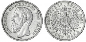 Baden
Friedrich I., 1856-1907
5 Mark 1901 G. fast vorzüglich, kl. Randfehler. Jaeger 29.