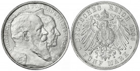 Baden
Friedrich I., 1856-1907
5 Mark 1906. Zur goldenen Hochzeit.
vorzüglich/Stempelglanz. Jaeger 35.