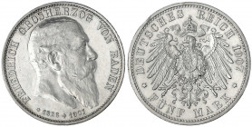 Baden
Friedrich I., 1856-1907
5 Mark 1907. Auf seinen Tod.
vorzüglich, kl. Randfehler und etwas berieben. Jaeger 37.