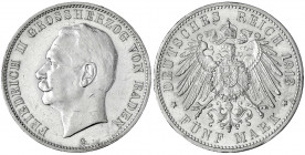 Baden
Friedrich II., 1907-1918
5 Mark 1913 G. gutes vorzüglich, kl. Kratzer und Randfehler. Jaeger 40.
