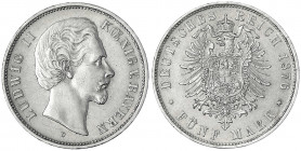 Bayern
Ludwig II., 1864-1886
5 Mark 1876 D. vorzüglich. Jaeger 42.