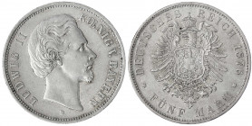 Bayern
Ludwig II., 1864-1886
5 Mark 1876 D. gutes sehr schön. Jaeger 42.