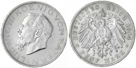Bayern
Ludwig III., 1913-1918
5 Mark 1914 D. vorzüglich, kl. Randfehler. Jaeger 53.