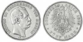 Hessen
Ludwig III., 1848-1877
5 Mark 1875 H. sehr schön/vorzüglich, winz. Kratzer, überdurchschnittlich. Jaeger 67.