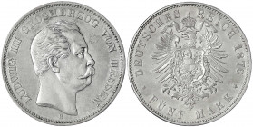 Hessen
Ludwig III., 1848-1877
5 Mark 1876 H. gutes vorzüglich, etwas berieben. Jaeger 67.