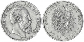 Hessen
Ludwig IV., 1877-1892
5 Mark 1888 A. sehr schön, selten. Jaeger 69.