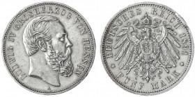 Hessen
Ludwig IV., 1877-1892
5 Mark 1891 A. gutes sehr schön, starker Randfehler. Jaeger 71.