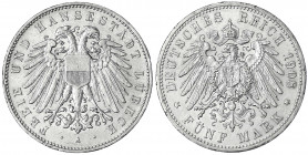 Lübeck
5 Mark 1908 A. vorzüglich, kl. Randfehler. Jaeger 83.