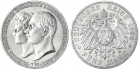 Mecklenburg-Schwerin
Friedrich Franz IV., 1897-1918
5 Mark 1904 A. Zur Hochzeit.
vorzüglich/Stempelglanz, winz. Randfehler. Jaeger 87.