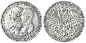 Mecklenburg-Schwerin
Friedrich Franz IV., 1897-1918
5 Mark 1915 A. 100 Jahrfeier.
vorzüglich, winz. Randfehler. Jaeger 89.