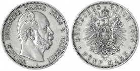 Preußen
Wilhelm I., 1861-1888
5 Mark 1874 A. sehr schön/vorzüglich, winz. Randfehler. Jaeger 97.