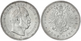Preußen
Wilhelm I., 1861-1888
5 Mark 1876 B. vorzüglich/Stempelglanz, winz. Randfehler, selten in dieser Erhaltung. Jaeger 97.