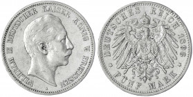 Preußen
Wilhelm II., 1888-1918
5 Mark 1896 A. Seltener Jahrgang.
fast sehr schön, Randfehler. Jaeger 104.