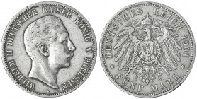 Preußen
Wilhelm II., 1888-1918
5 Mark 1901 A. Seltener Jahrgang.
sehr schön, kl. Randfehler. Jaeger 104.