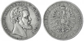 Reuß, ältere Linie
Heinrich XXII., 1859-1902
2 Mark 1877 B. sehr schön, kl. Randfehler. Jaeger 116.