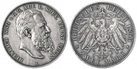 Reuß, ältere Linie
Heinrich XXII., 1859-1902
2 Mark 1899 A. fast vorzüglich, schöne Patina. Jaeger 118.