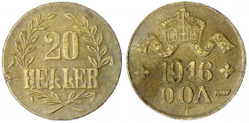 Deutsch Ostafrika
20 Heller 1916 T, Messing, Zweige mit 3 Blättern unter Wertangabe, große Krone, L`s vollständig.
vorzüglich. Jaeger N 724b (vollst...