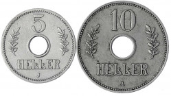Deutsch Ostafrika
2 X Lochgeld. 5 Heller 1914 J und 10 Heller 1911 A. beide sehr schön. Jaeger 718, 719.