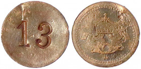 Deutsch Ostafrika
Kupfermarke o.J. Postcasino Daressalam. Krone mit Bändern über Posthorn/eingeschlagene "13". 19 mm.
schön. Menzel 4866.4.