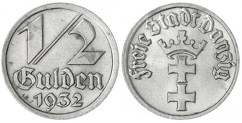 Danzig, Freie Stadt
1/2 Gulden 1932. vorzüglich/Stempelglanz. Jaeger D 14.