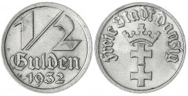 Danzig, Freie Stadt
1/2 Gulden 1932. vorzüglich/Stempelglanz. Jaeger D 14.