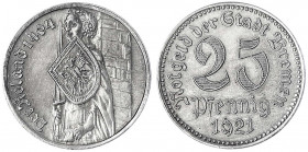 Bremen
Freie und Hansestadt
25 Pfennig Silberabschlag 1921. 4,23 g. Auflage nur 50 Ex
vorzüglich, selten. Funck 58.3 (Silber). Menzel 3610.5.