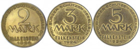 Falkenstein (Sachsen)
Priv. Bürger-Schützen-Gesellsch. 1924. Kompletter Satz zu 2, 3 und 5 Mark Messing-Bronze.
alle vorzüglich, selten. Menzel 7202...