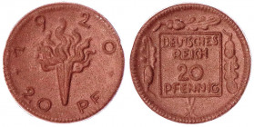 Staaten/- und Ländermünzen
Deutsches Reich
1920
20 Pfennig 1920 Gipsform, braunes Böttgersteinzeug, stehende Kurschwerter.
prägefrisch, selten. Sc...