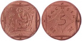 Staaten/- und Ländermünzen
Sachsen
5 Mark Probe, Gipsform, braun 1920. prägefrisch, sehr selten. Scheuch 51.