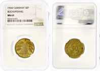 Kursmünzen
50 Reichspfennig, messingfarben 1924-1925
1924 F. Im NGC-Blister mit Grading MS 63 (Top Pop, das am besten gegradete Ex.).
vorzüglich/St...
