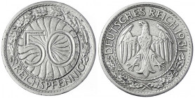 Kursmünzen
50 Reichspfennig, Nickel 1927-1938
1931 G. sehr schön, kl. Schrötlingsfehler, selten. Jaeger 324.