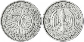 Kursmünzen
50 Reichspfennig, Nickel 1927-1938
1931 J. sehr schön. Jaeger 324.