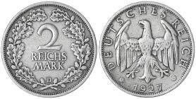 Kursmünzen
2 Reichsmark, Silber 1925-1931
1927 D. fast sehr schön, sehr selten. Jaeger 320.