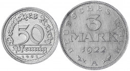 Kursmünzen
3 Mark, Aluminium mit Umschrift 1922-1923
2 Stück: 50 Pfennig 1921 J (vz/St, Avers EA) und 3 Mark 1922 A (PP, kl. Kratzer) Jaeger 301 und...