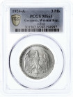 Kursmünzen
3 Mark, Silber 1924-1925
1924 A. Im PCGS-Blister mit Grading MS 65.
Stempelglanz, Prachtexemplar. Jaeger 312.
