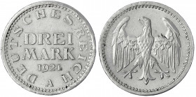 Kursmünzen
3 Mark, Silber 1924-1925
1924 A. gutes vorzüglich, übl. prägebed. Randunebenheiten. Jaeger 312.