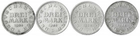 Kursmünzen
3 Mark, Silber 1924-1925
4 Stück: 1924 A,D,F,G. sehr schön bis vorzüglich. Jaeger 312.