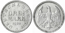 Kursmünzen
3 Mark, Silber 1924-1925
1924 G. sehr schön/vorzüglich, kl. Kratzer. Jaeger 312.