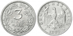 Kursmünzen
3 Reichsmark, Silber 1931-1933
1931 A. vorzüglich/Stempelglanz. Jaeger 349.