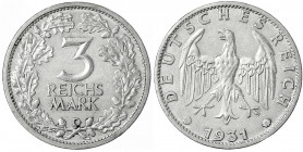 Kursmünzen
3 Reichsmark, Silber 1931-1933
1931 D. gutes vorzüglich. Jaeger 349.